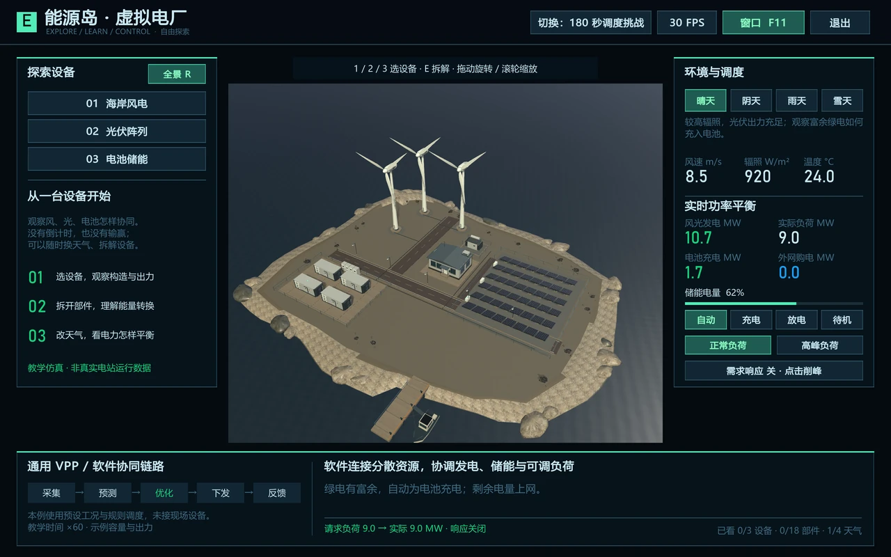 能源岛 Unity 桌面版本实际运行画面:能源岛全景与虚拟电厂教学界面