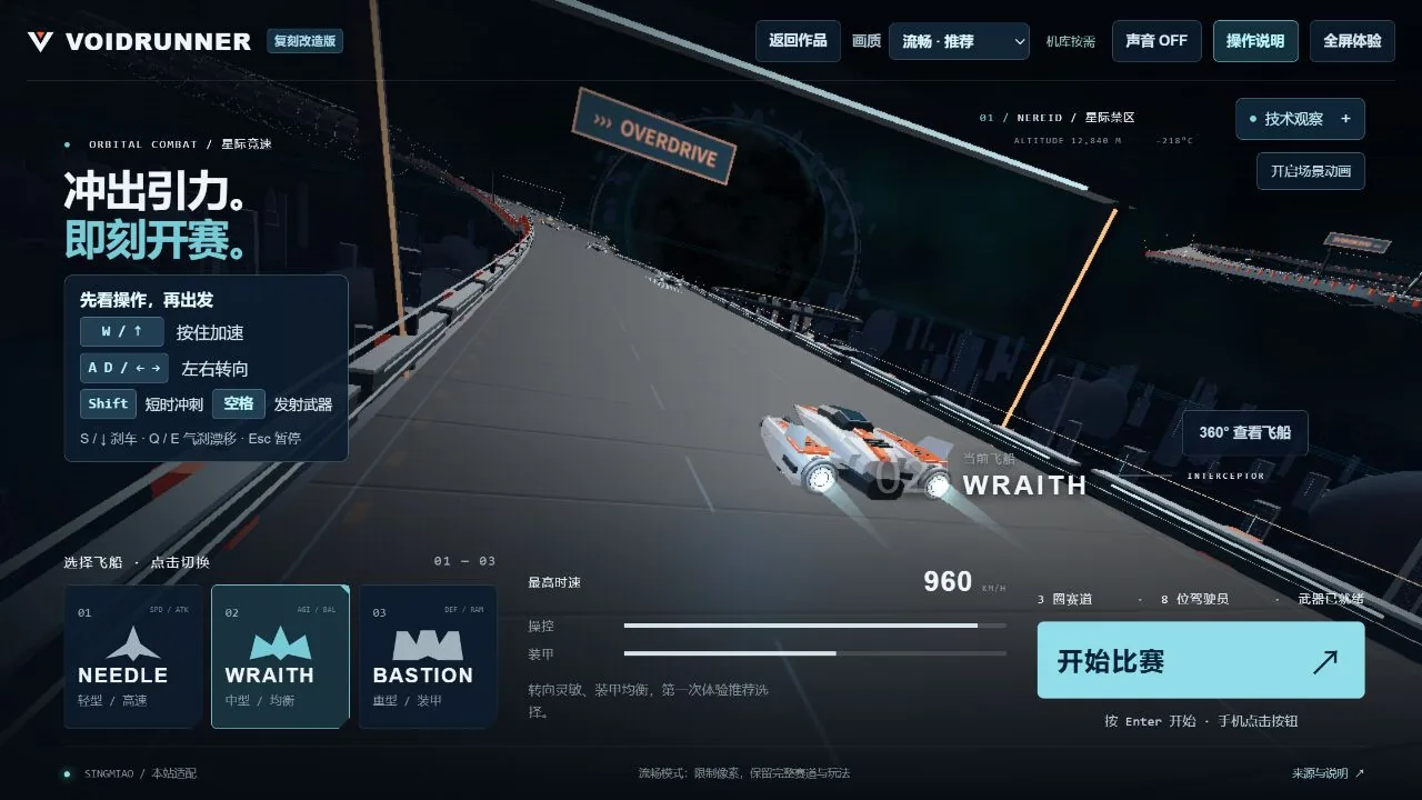 Voidrunner 本站性能改造版实际画面，悬浮赛车、立体赛道与中文交互界面