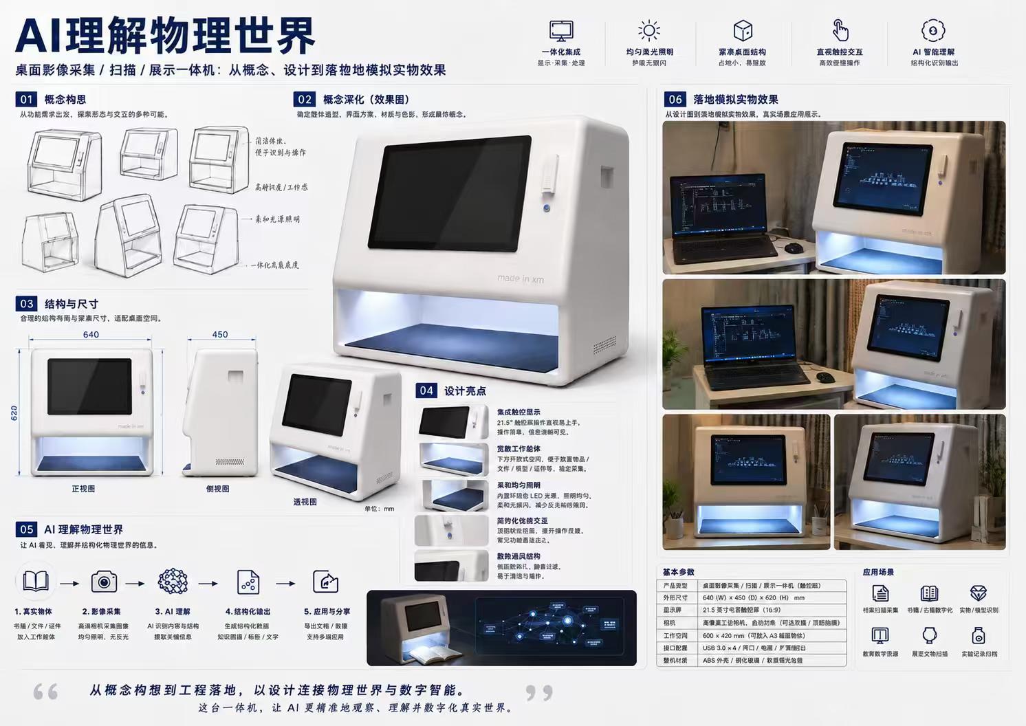 桌面影像采集展示一体机的概念设计、结构尺寸与场景图