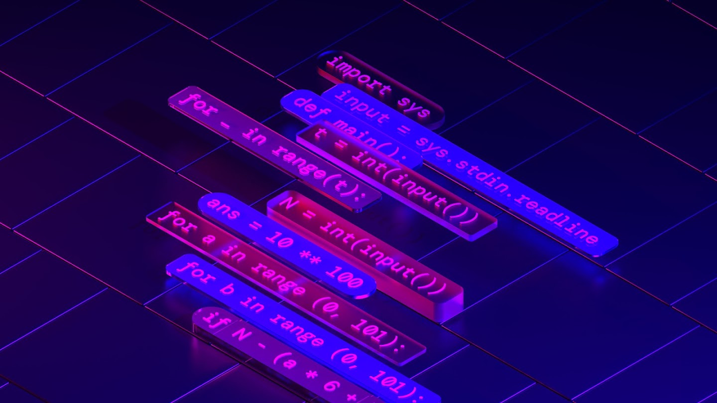 深色网格上排列的紫红色 Python 代码立体积木