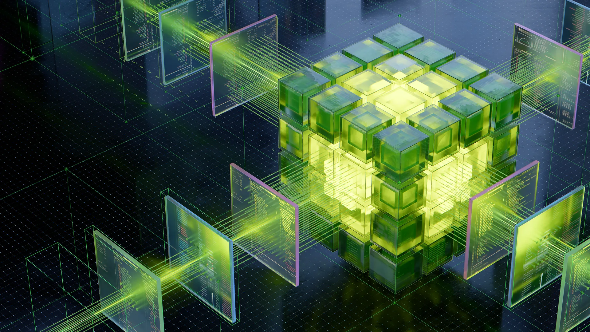 绿色发光方块组成的计算立方体,周围连接多块代码面板