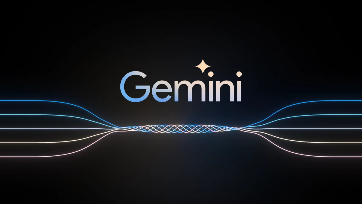 黑色背景上的 Gemini 标志与在中央交织的多彩线条
