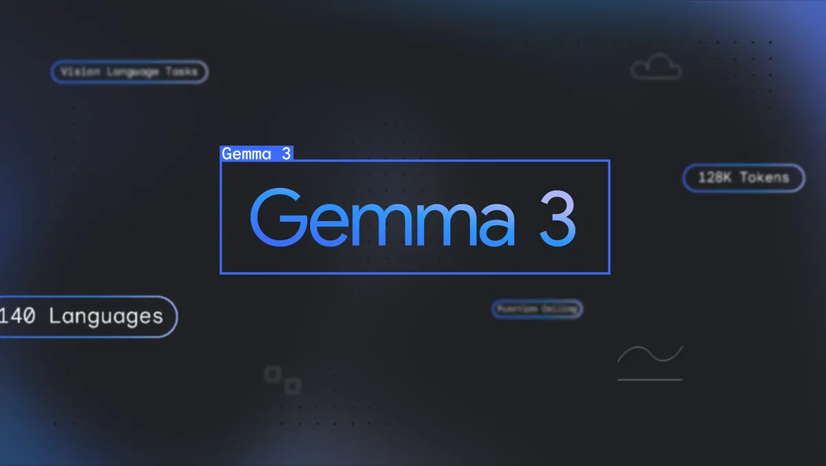 深色背景上的 Gemma 3 蓝色标题框与语言、上下文能力标签