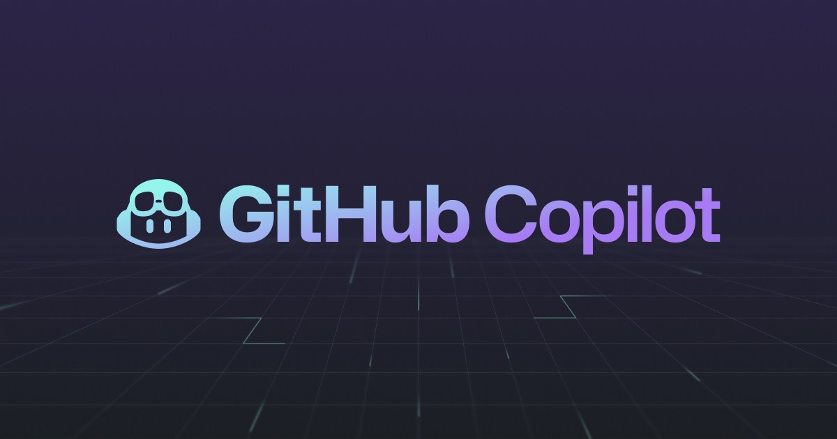 深色透视网格背景上的 GitHub Copilot 渐变文字与机器人标志
