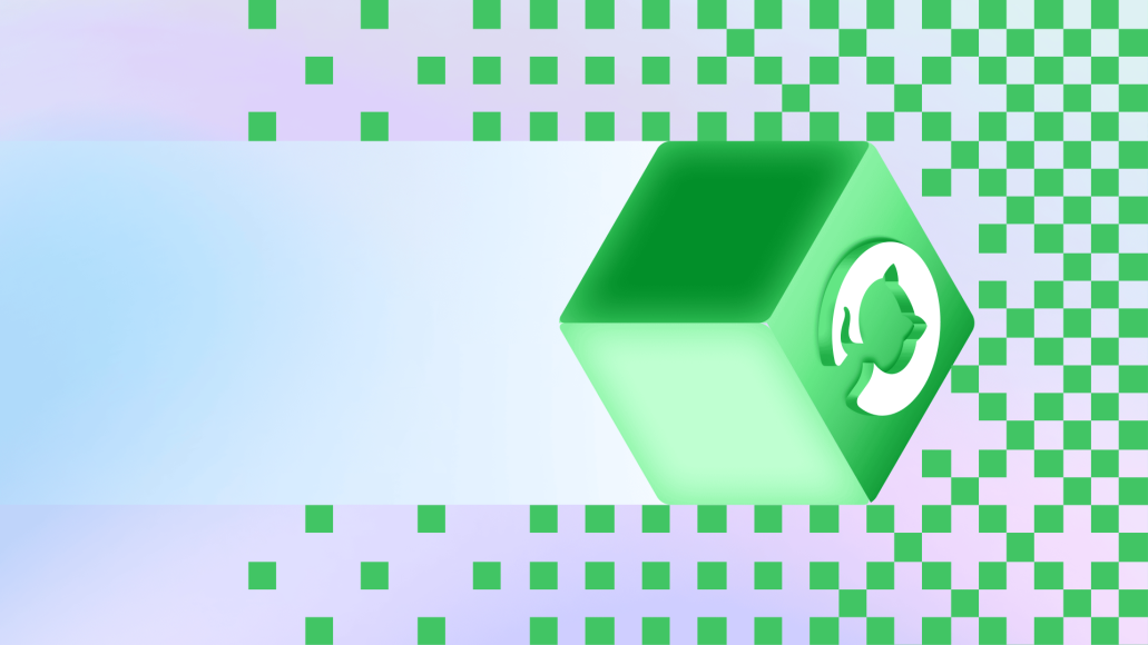 绿色方格背景中悬浮的立方体,表面带有 GitHub 标志