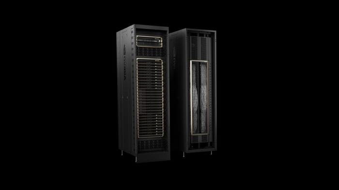 黑色背景上的 NVIDIA GB200 NVL72 计算机架产品图