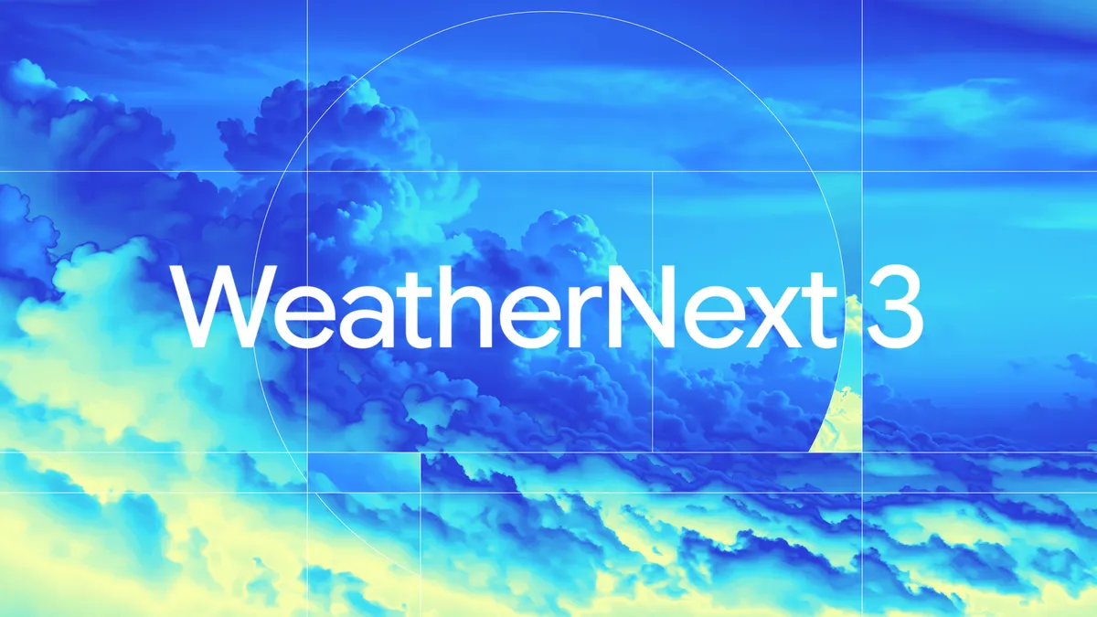 蓝黄云层背景上的 WeatherNext 3 白色标题与几何网格